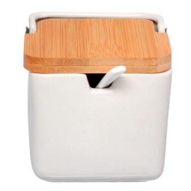 Imagem de Saleiro De Mesa Em Porcelana Com Colher E Tampa Em Bambu 300g - LYOR, 