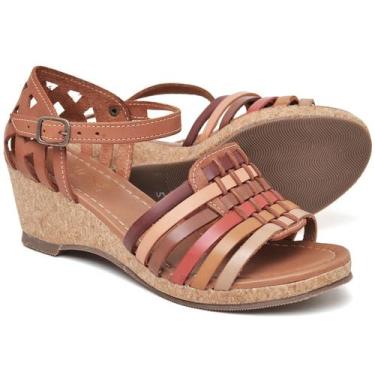 Imagem de Sandália Anabela Feminina em Couro Conforto com Fivela Percurso Calçad