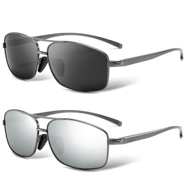 Imagem de SUNGAIT Óculos de sol polarizados retangulares ultraleves com proteção UV400, Pacote com 2: Cinza metálico + cinza metálico espelhado, tamanho �nico
