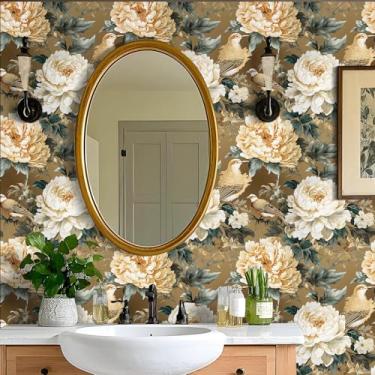 Imagem de iPaste Papel de parede de 44,5 cm x 203,2 cm, papel de parede floral, vintage, peônia, para quarto, armários de banheiro