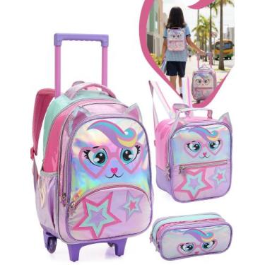 Imagem de Mochila Escolar Rodinha Gatinha Lancheira Estojo Menina - Denlex