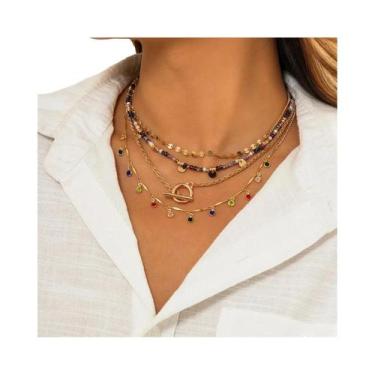 Imagem de Conjunto De Colares Choker Boho Coloridos Com Cristais E Franjas Para 