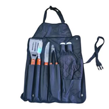 Imagem de Kit Churrasco Completo com 8 peças utensílios de inox com avental Luva Churrasco Corte Perfeito