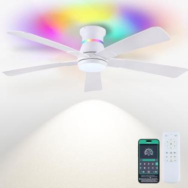 Imagem de Surtime Ventiladores de teto brancos de 132 cm com luzes RGB - Luz de ventilador de teto embutida com LED 3CCT regulável, ventiladores de teto modernos de baixo perfil para festas internas, cobertas