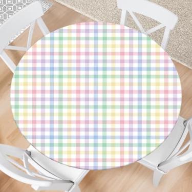 Imagem de Kamoor Toalha de mesa redonda de Páscoa com elástico em aquarela xadrez buffalo, toalha de mesa lavável para decoração de piquenique, jantar, festa, serve para mesas redondas de 101,6 a 111,8 cm de