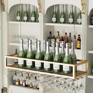 Imagem de Rack de vinho de parede dourado ajustável em altura - Armário de bar de vinho suspenso de metal, organizador de armazenamento montável no teto para casa, suporte de garrafa de vinho de 60 cm
