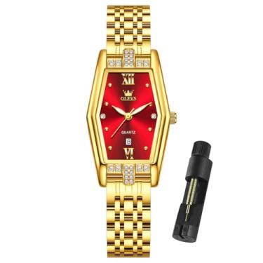 Imagem de OLEVS Relógio feminino dourado, aço inoxidável, moderno, analógico, quartzo, luminoso, à prova d'água, relógio Wrsit, Relógios modernos: vermelho