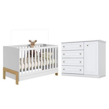 Imagem de Berço Americano Mini Cama Fantasia Branco Acetinado - Qmovi e Cômoda Infantil Americano Branco HP - Henn