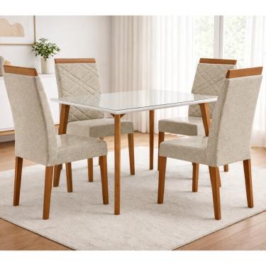 Imagem de Conjunto Sala de Jantar Mesa 120cm com Tampo de Vidro  Dubai com 4 Cadeiras Atlas Madetal - Mel/Nude/Bege