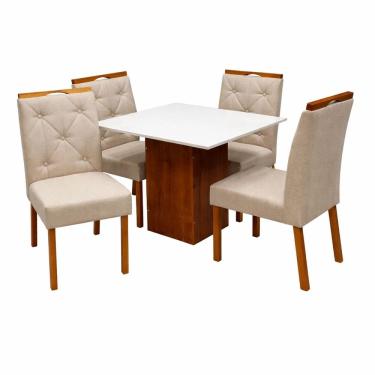 Imagem de Mesa de Jantar Dakota 90x90cm Sem Vidro e 4 Cadeiras Jasmim em Veludo Estofadas Cel Móveis Cor Cinamomo Off White com Tecido Bege