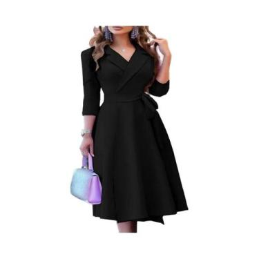 Imagem de Vestido Feminino Com Decote Em V E Manga Média, Cintura Ajustável, Est