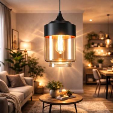 Imagem de Lustre Pendente 33cm Vidro Âmbar Metal Preto Cilíndrico Luminária Teto