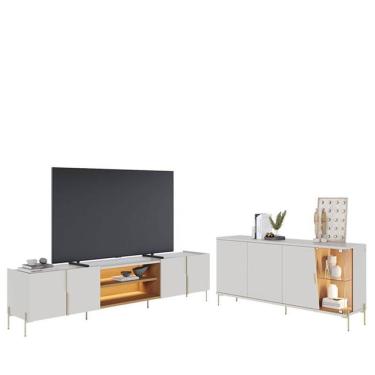 Imagem de Rack Bancada Amalfi Com Pés Em Metal E Aparador Buffet Sena Com Led Off White Matte Freijó - Colibri