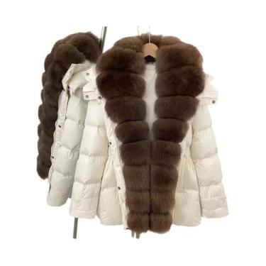 Imagem de Jaqueta Curta Feminina De Inverno Marrom Com Pelo Genuíno Casaco Parka