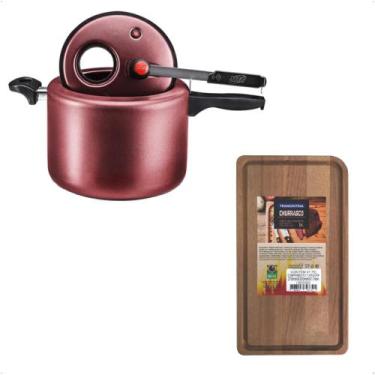 Imagem de Kit Panela De Pressão 4,5L Antiaderente Cereja Com Visor na Tampa + Tá