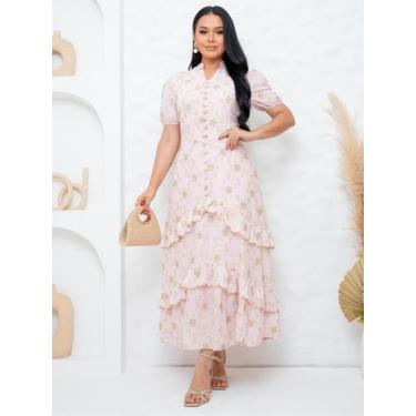 Imagem de Vestido Maxi Midi Elegante Bordado com Babado Moda Evangélica Lese Alg