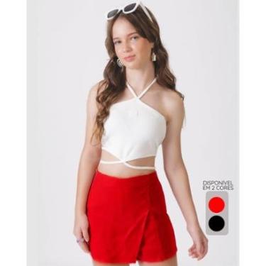 Imagem de Shorts saia linho verão leve estiloso confortável - Vermelho e Preto - Feminino 12 a 18...