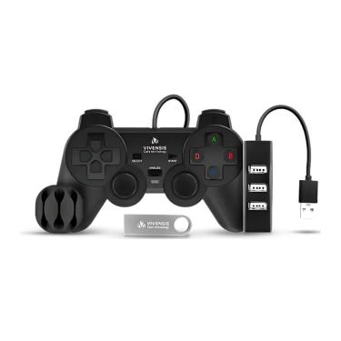 Imagem de Kit Gamer Vivensis VX10 com Controle USB, Pen Drive 8GB com 30 Jogos Demos, USB Hub 4 Portas e Organizador de Cabos