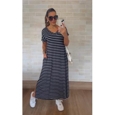 Imagem de Vestido Longo Casual Soltinho com Bolso Cor:ListraTamanho:G - luh may,