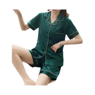 Imagem de Conjunto De Pijamas De Seda Satinada Femininos 2 Peças Com Botões, Rou