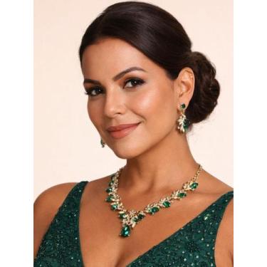 Imagem de L3520-Conjunto Feminino Colar Brinco Zirconia Prata Dourado Gota Folha