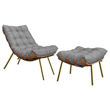 Imagem de Conjunto Decorativo Poltrona e Puff Abel Base de Madeira Dourada Linho Cinza - Gran Belo