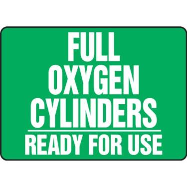 Imagem de Accuform Placa adesiva de Dura-Vinil Signs MWLD504XV, Legend, "Cilindros de oxigênio completo prontos para uso", 25,4 cm de comprimento x 35,5 cm de largura x 0 cm de espessura, branco sobre verde