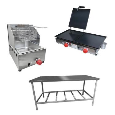 Imagem de Kit Lanchonete Mesa de Manipulação 190x70cm + Fritadeira a Gás 1 Cuba + Chapa a Gás 60cm Alcamar