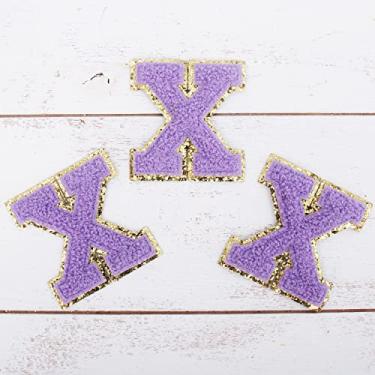 Imagem de Pacote com 3 adesivos de chenille ferro em glitter com letras universitárias de 8 cm de altura em "X" - Tecido de chenille lavanda com acabamento em glitter dourado - Costurar ou passar a ferro - 8 cm