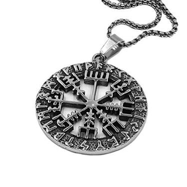 Imagem de Colar Vegvisir de runas nórdicas - Pingente de aço inoxidável de talismã de bússola viking, grande, metal, não conhecido, Large, Metal, Não conhecido