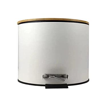 Imagem de Lixeira Inox Branco com Tampa de Bambu Balde Removível Pedal Alça Externa Banheiro Lavabo 5 Litros