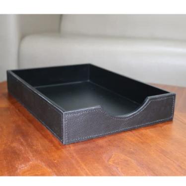 Imagem de Bandeja Porta-Folhas A4 Couro - Caixa de Entrada e Saída - Organizador de mesa (Couro Preto - Linha Preta)