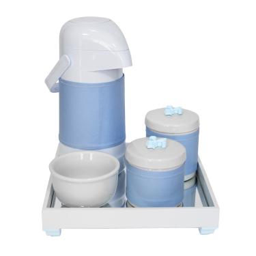 Imagem de Kit Higiene Espelho Potes, Garrafa, Molhadeira e Capa Flor de Liz Azul Quarto Bebê Menino