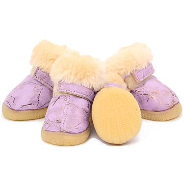 Imagem de Botas quentes de inverno para cães pequenos sapatos para filhotes de cachorro pequenos sapatos para animais de estimação tênis de inverno pata inverno neve botas para cães pequenos médios conjunto de 4 peças, roxo, tamanho 4