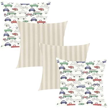 Imagem de Kit 4 Capas de Almofadas Composê Listrado e Carrinhos 45x45cm