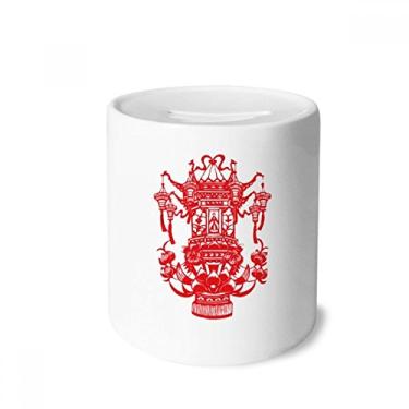 Imagem de DIYthinker Lanterna chinesa vermelha padrão de lótus caixa de dinheiro caixa de cerâmica porta-moedas presente de cofrinho