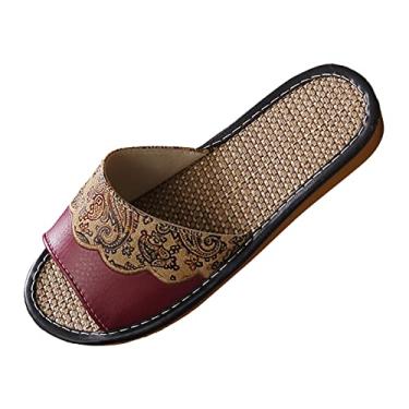 Imagem de Chinelos femininos 8 estilo europeu veludo impresso linho couro chinelos femininos primavera e verão casa interior sandálias de piso de madeira (vinho, 38)