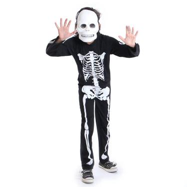 Imagem de Fantasia Macacão Esqueleto Longo Caveira Infantil Assustadora Festa Halloween Carnaval Dia Das Bruxas Noite do Terror