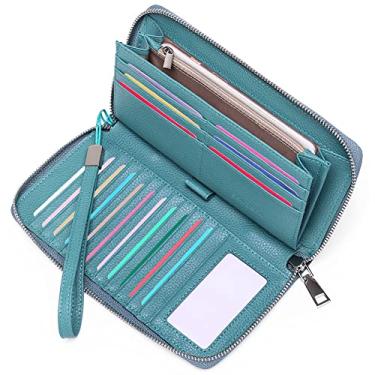 Imagem de SENDEFN Carteiras femininas de couro com bloqueio RFID, zíper, 17 compartimentos, 23 bolsos, 2 seções, para mulheres, turquesa, moderno, presente de amor