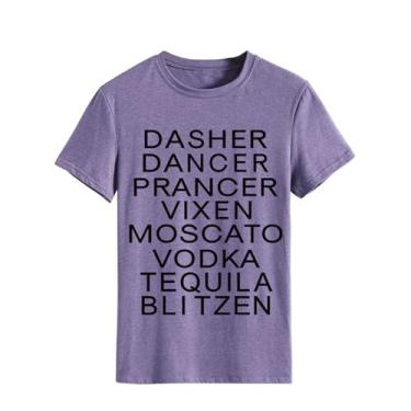 Imagem de Dasher Dancer Prancer Vixen Moscato Vodka Tequila Blitzen Camisetas de Natal Femininas Engraçadas Ditado Camiseta Beba Amante Tops, Roxa, G