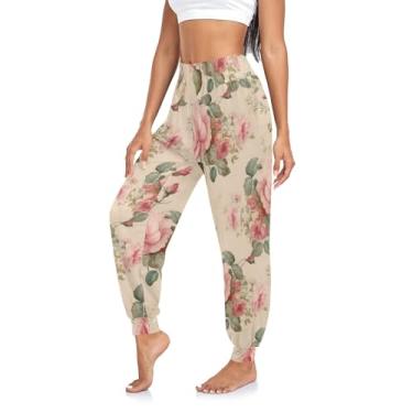 Imagem de CHIFIGNO Calça de moletom feminina de cintura alta para ioga harém calça atlética jogger calça leve, Flores rosa retrô, GG