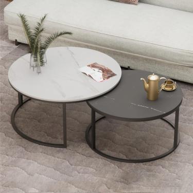Imagem de Conjunto de 2 mesas de centro redondas modernas, conjunto de mesa lateral aninhada para decoração de sala de estar, com estrutura de metal resistente e mesa de coquetel lateral redonda de pe
