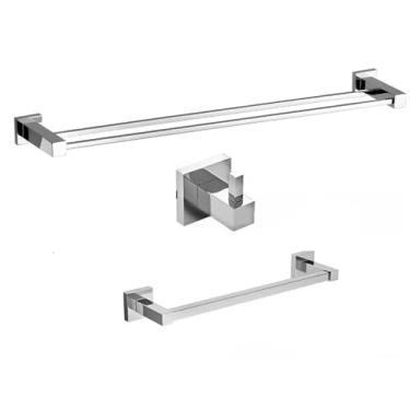 Imagem de Porta Toalha de Banho Duplo 65cm + Porta Toalha de Rosto 30cm + Cabide Inox Cromado Suporte
