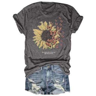 Imagem de Camiseta feminina vintage floral casual boho estampa floral girassol flores silvestres camisetas para meninas, 2024-38-cinza escuro, G
