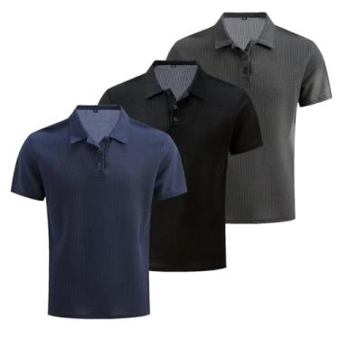 Imagem de 3 peças/conjunto de malha confortável camisa masculina elástica manga curta lapela golfe camiseta verão ao ar livre, presente para homens, Azul marinho + preto + cinza escuro, XXG