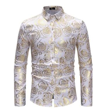 Imagem de Camisa social masculina manga longa slim fit floral com estampa rosa dourada brilhante, Branco, PP
