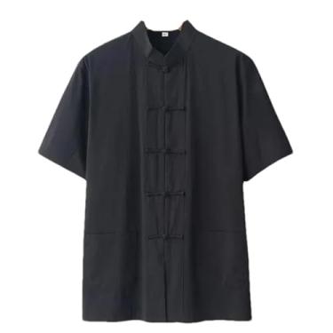 Imagem de Summer Tang Suit masculino casual linho elástico manga curta botão estilo chinês camisa chá algodão e linho, Preto, GG