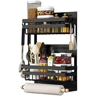 Imagem de Prateleira de armazenamento de temperos para geladeira, prateleira magnética para temperos, geladeira com suporte para toalha de papel e 4 ganchos removíveis, para jarra, sal e pimenta, arma