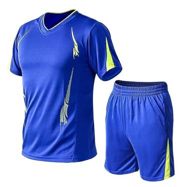 Imagem de Conjunto curto masculino de gola redonda, cor sólida, terno de camisa polo de secagem rápida, roupa de 2 peças, Azul, Medium