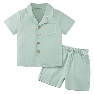 Imagem de Weixinbuy Conjunto de roupas para bebês meninos, roupa de verão, algodão, linho, manga curta, camiseta com bolso superior, camisa de botão, conjunto curto, Verde claro, 3-4 Anos
